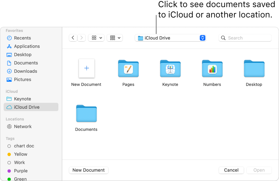 The Open dialog with the sidebar open on the left and iCloud Drive selected in the pop-up menu at the top. Folders for Keynote, Numbers, and Pages appear in the dialog, along with a New Document button.