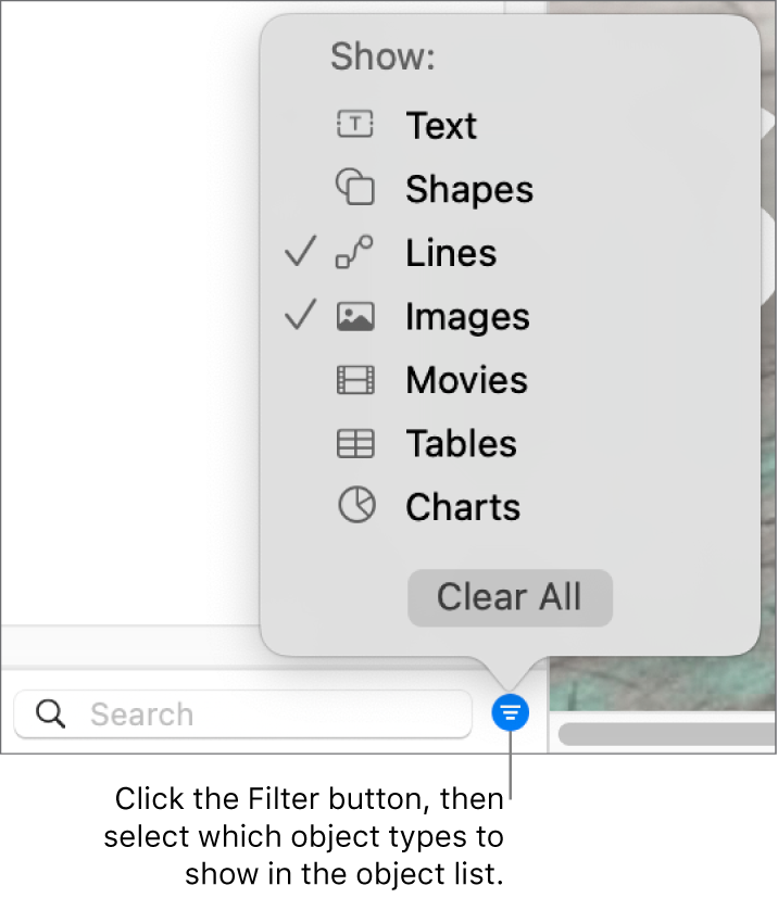 The Filter pop-up menu open, with a list of the types of objects the list can include (text, shapes, lines, images, movies, tables, and charts).