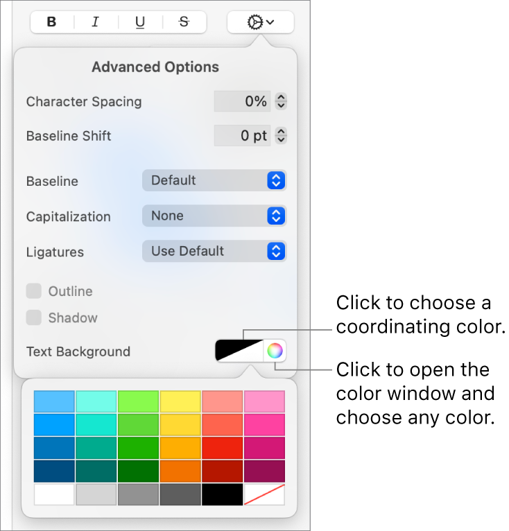 Controls for choosing a background color for text.