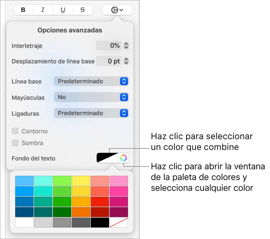 Controles para elegir un color de fondo del texto.