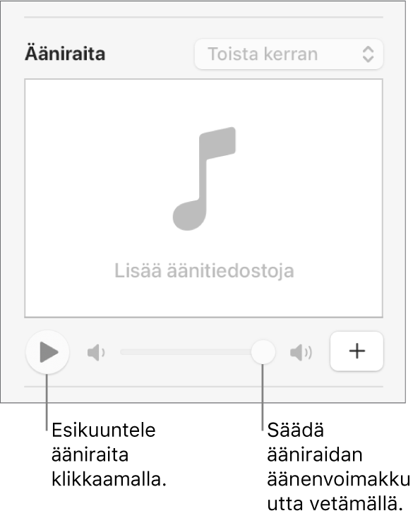 Ääniraita-säätimet, toistopainike ja äänenvoimakkuuden liukusäädin korostettuina.