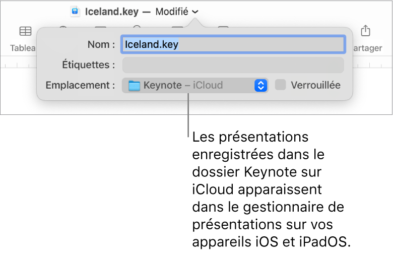 La zone de dialogue d’enregistrement d’une présentation avec Keynote (iCloud dans le menu contextuel Emplacement).