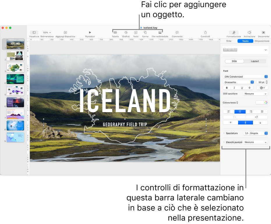 I pulsanti di Keynote nella barra degli strumenti per l'aggiunta di oggetti e l'apertura della barra laterale.