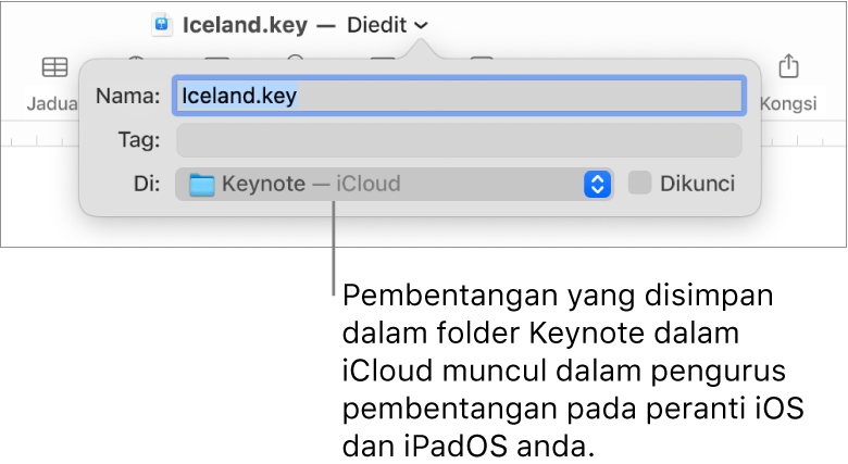 Dialog Simpan untuk pembentangan dengan Keynote—iCloud dalam menu timbul Tempat.
