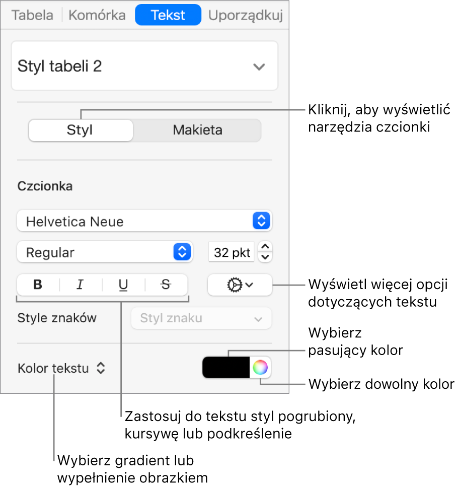 Narzędzia edycji stylu tekstu w tabeli.