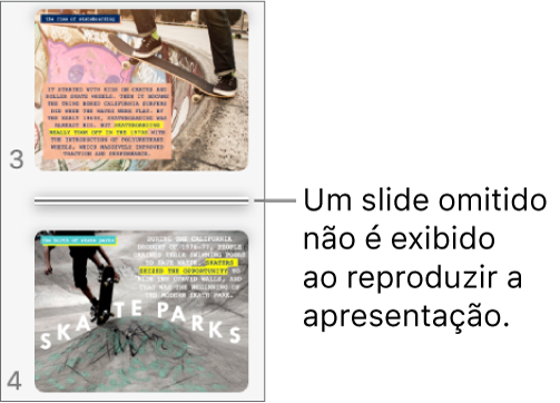 Navegador de slides com um slide omitido exibido como uma linha horizontal.