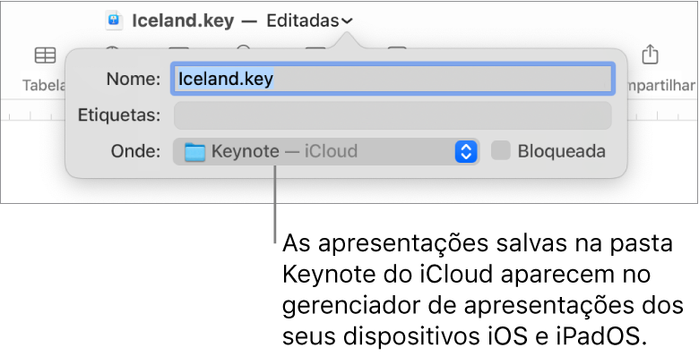 Caixa de diálogo Salvar para uma apresentação com Keynote — iCloud no menu pop-up Onde.
