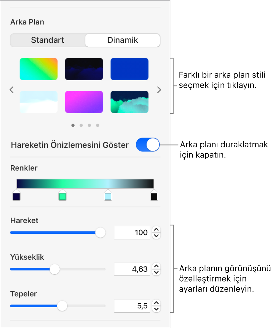 Dinamik arka plan stilleri, Hareket Önizleme denetimi ve görünüş denetimleri görüntülenen Biçim kenar çubuğunun Arka Plan bölümünde Dinamik düğmesi seçilir.
