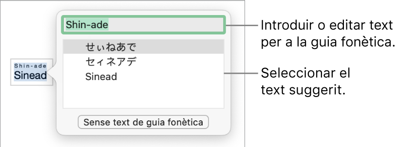 La guia fonètica, oberta per a una paraula, amb llegendes per al camp de text i el text suggerit.