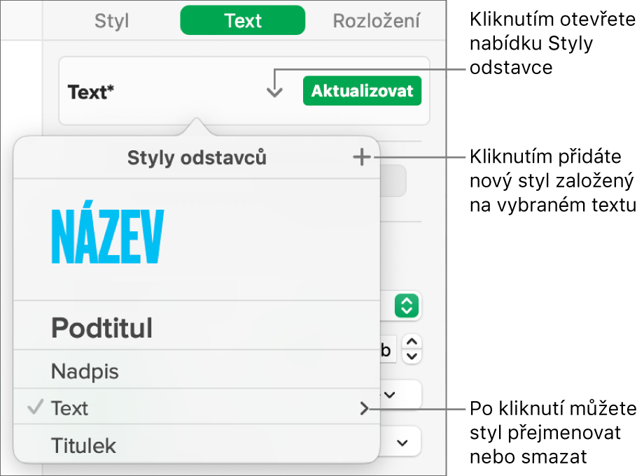 Nabídka Styly odstavců s ovládacími prvky pro přidání nebo změnu stylu