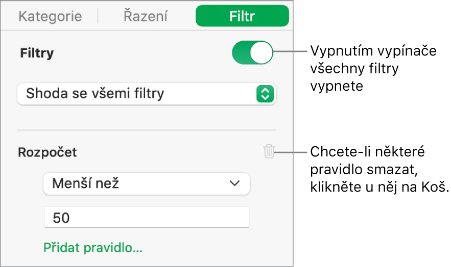 Ovládací prvky pro smazání některého filtru nebo vypnutí všech filtrů