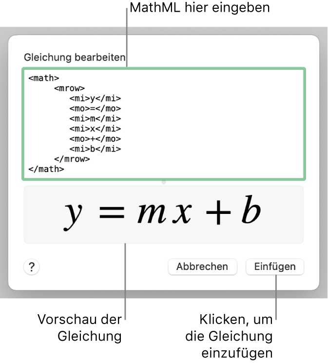 Die Gleichung für die Steigung einer Linie im Feld „Gleichung bearbeiten“ und einer Vorschau der Formel darunter.