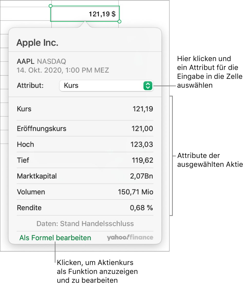 Das Dialogfenster zum Eingeben von Informationen zu Aktienattributen, in dem „Apple“ die ausgewählte Aktie ist.