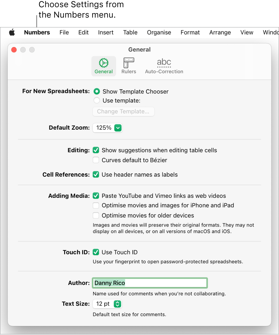 Numbers settings window open to the General pane, with settings for new spreadsheets, default zoom, editing, cell references, equations, adding media, Touch ID, author name and default text size.
