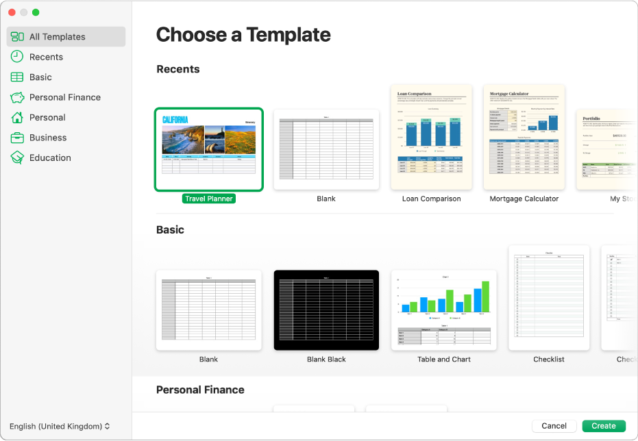 The template chooser. A sidebar on the left lists template categories you can click to filter options. On the right are thumbnails of pre-designed templates arranged in rows by category.