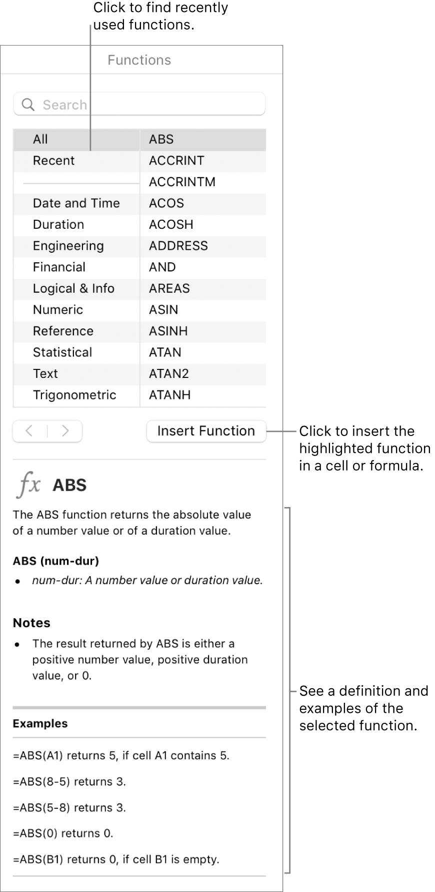 The Functions Browser with callouts to recently used functions, the Insert Function button and the function definition.