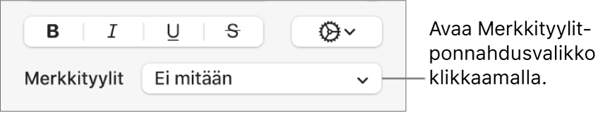 Merkkityylit-ponnahdusvalikko tekstin tyylin ja värin muuttamisen säätimien alla.
