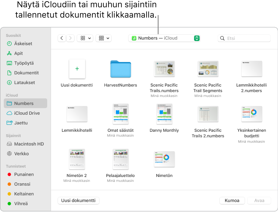 Avaa-valintaikkuna, jossa on sivupalkki avattuna vasemmalla ja iCloud Drive valittuna ponnahdusvalikossa ylhäällä. Valintaikkunassa näkyvät Keynote-, Numbers- ja Pages-kansiot sekä Uusi dokumentti ‑painike.