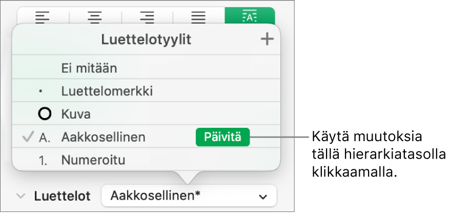 Luettelotyylit-ponnahdusvalikko, jossa uuden tyylin nimen vieressä on Päivitä-painike.