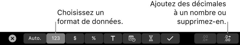 La Touch Bar d’un MacBook Pro affichant des commandes pour choisir un format de données et ajouter ou supprimer des décimales.
