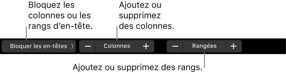 La Touch Bar d’un MacBook Pro affichant des commandes pour bloquer les rangées ou les colonnes d’en-tête et ajouter ou supprimer des rangées ou des colonnes.