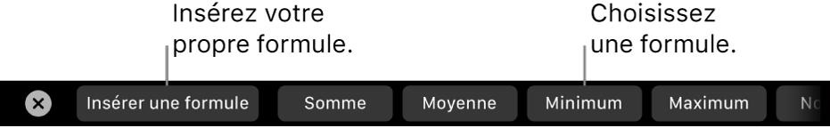 La Touch Bar d’un MacBook Pro affichant des commandes pour choisir parmi les formules courantes ou insérer la vôtre.