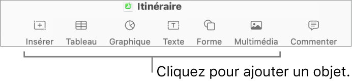 Barre d’outils Numbers avec boutons Tableau, Graphique, Texte, Forme et Multimédia.