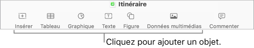 La barre d’outils Numbers avec les boutons Tableau, Graphique, Texte, Figure et Données multimédias.