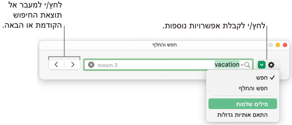 חלון ״חפש והחלף״ עם הסברים לכפתור להצגת האפשרויות ״חפש״, ״חפש והחלף״, ״מילים שלמות״ ו״התאם ראשיות״. חץ מימין מאפשר לך לדלג לתוצאת החיפוש הקודמת או לתוצאת החיפוש הבאה.