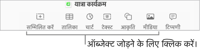 टेबल, चार्ट, टेक्स्ट, आकृति और मीडिया बटन के साथ Numbers टूलबार।