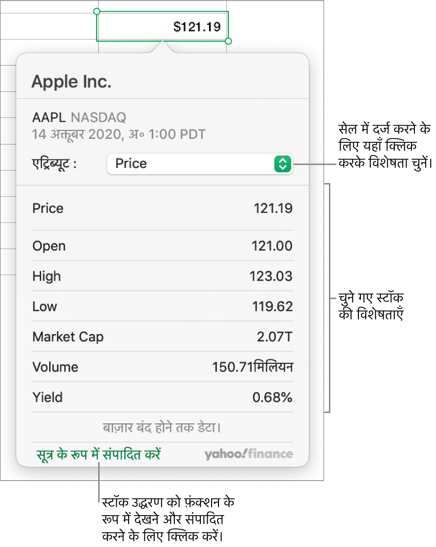 Apple के साथ चयनित स्टॉक के रूप में स्टॉक एट्रिब्यूट जानकारी दर्ज करने के लिए डायलॉग