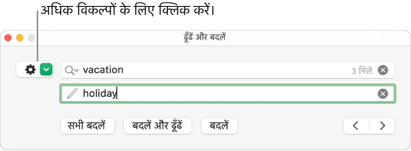 अधिक विकल्पों को दिखाने के लिए बटन पर कॉलआउट के साथ “ढूँढें और बदलें” विंडो।