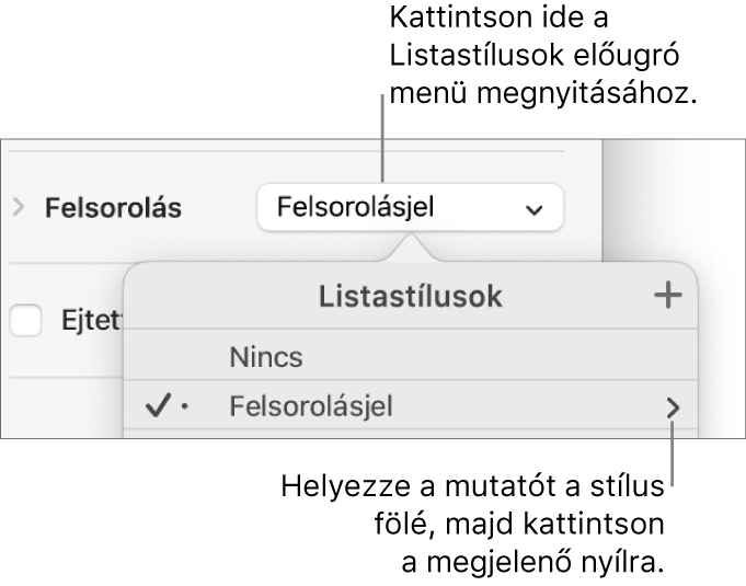 A Listastílusok előugró menü egy kiválasztott stílussal és a jobb szélen egy nyíllal.