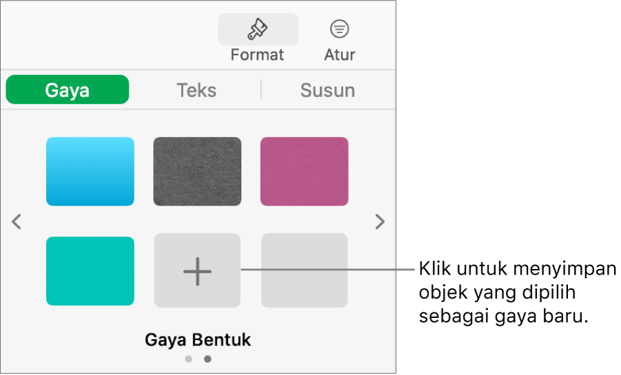 Tab Gaya bar samping Format dengan empat gaya gambar, tombol Buat Gaya, dan placeholder gaya kosong.