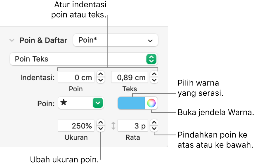 Bagian Poin & Daftar dengan keterangan pada kontrol untuk indentasi poin dan teks, warna poin, ukuran poin, dan perataan.