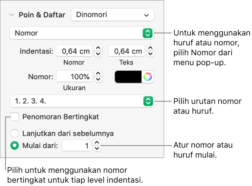 Kontrol untuk mengubah gaya nomor dan spasi daftar.