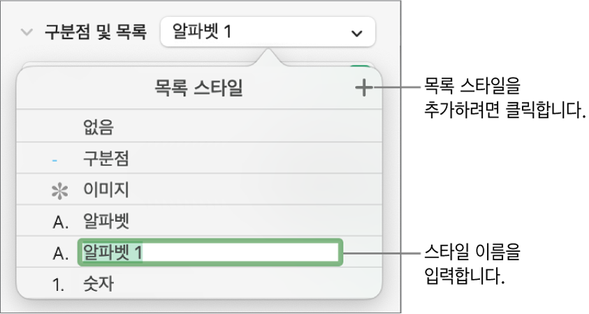 오른쪽 상단 모서리에 추가 버튼이 있는 목록 스타일 팝업 메뉴와 텍스트가 선택된 위치 지정자 스타일 이름.