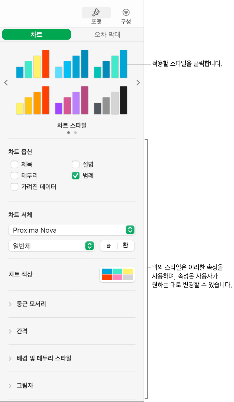 차트 포맷 제어기를 보여주는 포맷 사이드바.