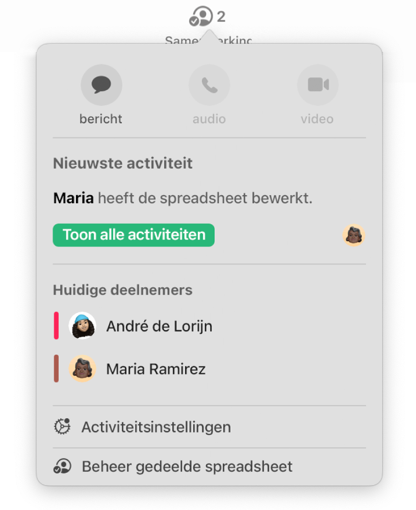 Het menu 'Samenwerking' met daarin de namen van mensen die samen aan de spreadsheet werken. Onder de namen staan de opties voor delen.