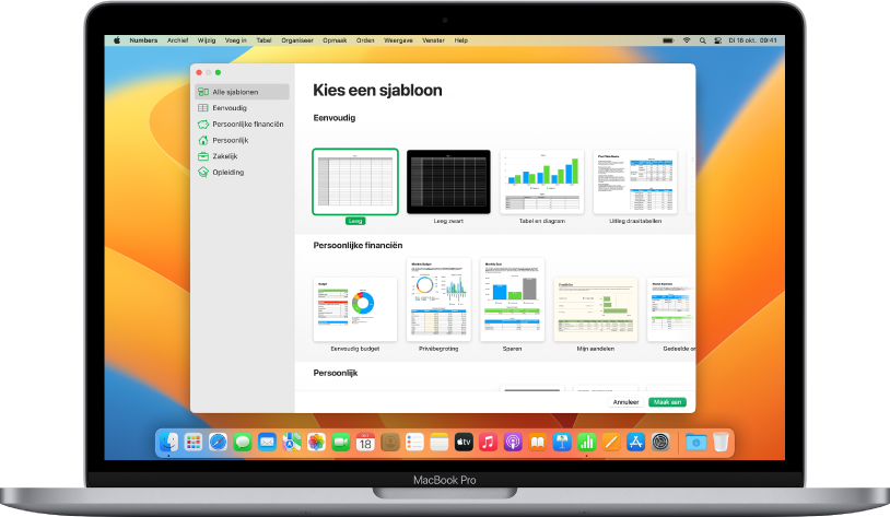 Een MacBook Pro met de Numbers-sjabloonkiezer geopend op het scherm. Aan de linkerkant is de categorie 'Alle sjablonen' geselecteerd en aan de rechterkant staan de vooraf gedefinieerde sjablonen, gerangschikt per categorie.