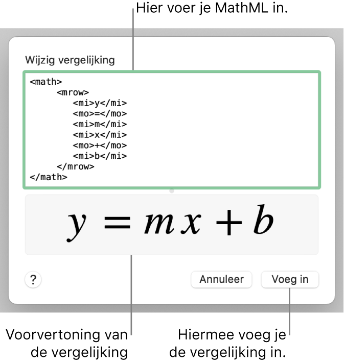 In het veld 'Wijzig vergelijking' staat de vergelijking voor de helling van een lijn, met daaronder een voorvertoning van de formule.