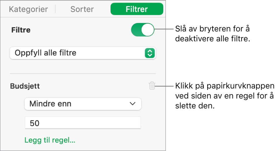 Kontroller for å slette et filter eller slå av alle filtre.