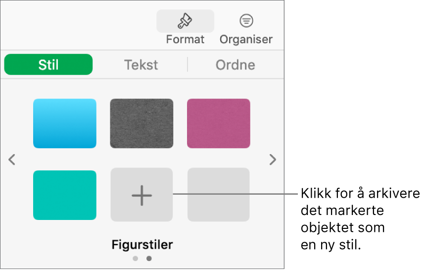 Stil-fanen i Format-sidepanelet, med fire bildestiler, en Opprett stil-knapp og en tom stilplassholder.