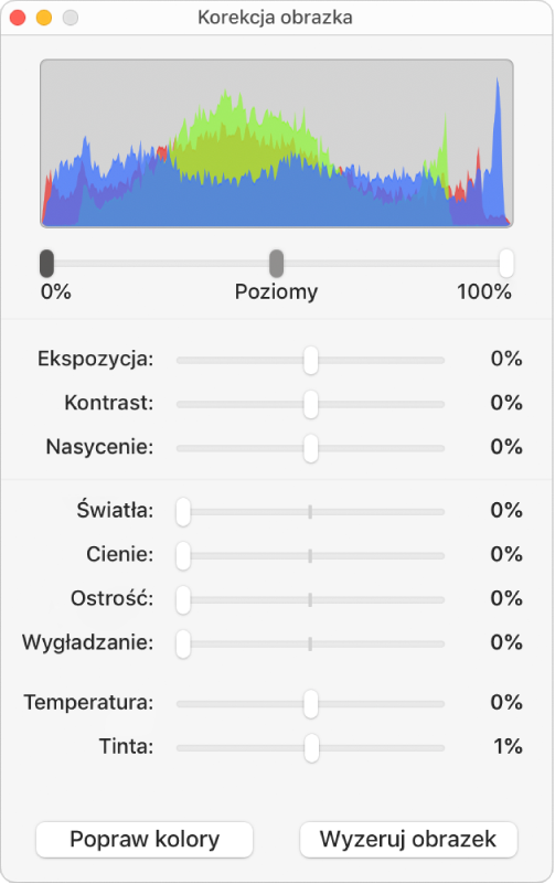 Okno korekcji obrazka, zawierające suwaki do ustawiania ekspozycji, kontrastu, nasycenia, świateł, cieni, ostrości, wygładzania, temperatury i tinty.