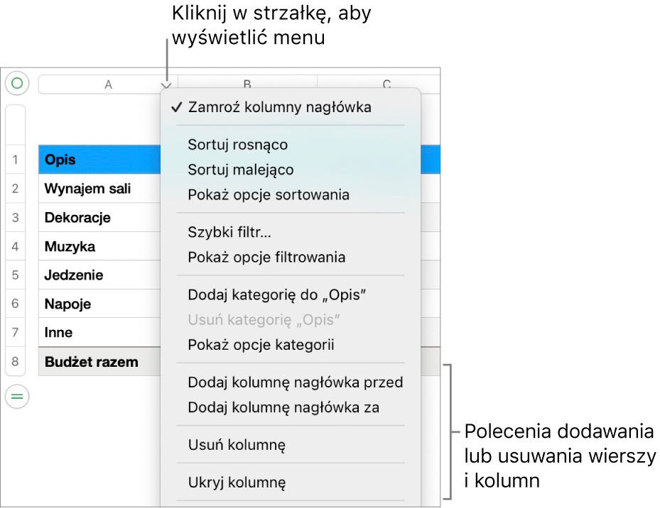 Menu kolumny tabeli z poleceniami służącymi do dodawania lub usuwania wierszy i kolumn.