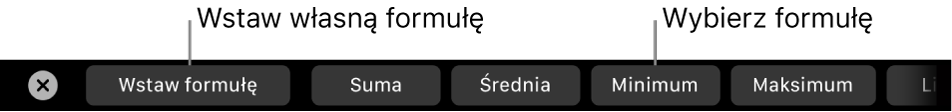 Pasek Touch Bar na MacBooku Pro z narzędziami do wstawiania własnej formuły oraz wybierania często używanych formuł.