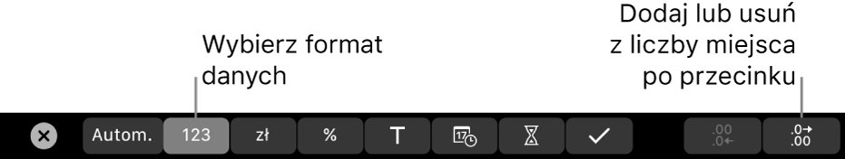 Pasek Touch Bar na MacBooku Pro z narzędziami do wybierania formatu danych oraz dodawania lub usuwania miejsc po przecinku.