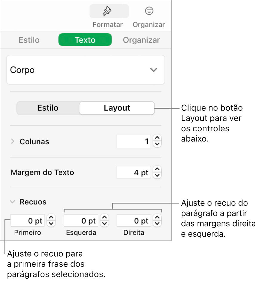 Seção Layout da barra lateral Formatar mostrando controles para ajuste do recuo da primeira linha e das margens do parágrafo.