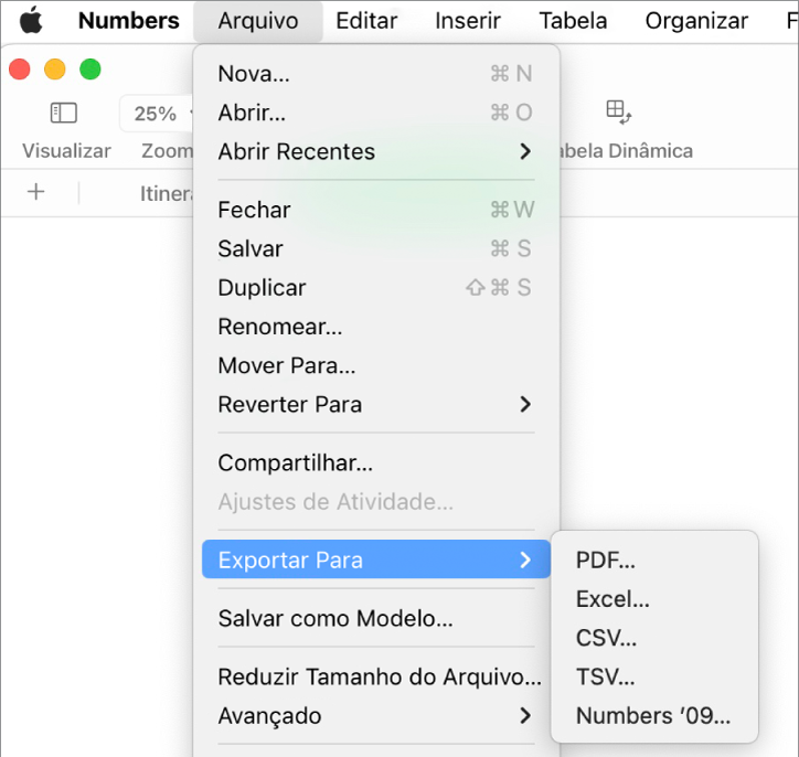 Menu Arquivo aberto com Exportar para selecionado e submenu mostrando opções em PDF, Excel, CSV e Numbers ’09.