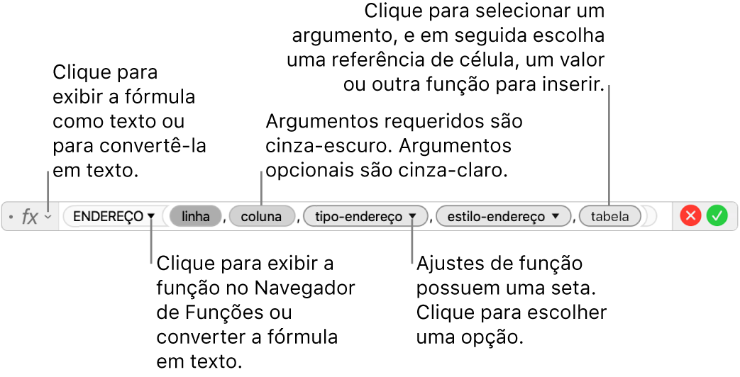 Editor de fórmula mostrando a função ENDEREÇO e seus tokens de argumento.